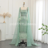 With Cape Luxury Feather Dubai Women Wedding Dress Ss279, Sharon Said Shiny Gray Mermaid Arabic Evening Gown
