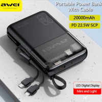 Awei P181K Portable Power Bank 20000mAh With Cable PD 22.5W Powerbank Fast Charge External Spare Battery For iOS / Android Phone