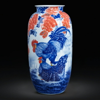 景德鎮陶瓷器手繪青花瓷公雞圖合家歡樂冬瓜瓶大號落地客廳裝飾品