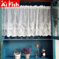 1pcs Rod Pocket White Lace Curtain for Kitchen Window Cabinet White Floating Tulle Short Valance Voile Ties Home Decor ZH024#40