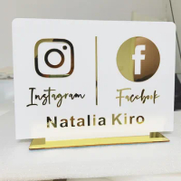 Custom Instagram Facebook White Table Sign Personalized Mirror Gold Acrylic Laser Cut Instagram Facebook Shop Store Sign