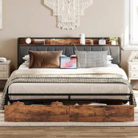 King-size bed frame,storage headboard with charging station,platform bed with drawers,no need for a box spring, easy to assemble