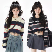 Korean retro striped long-sleeved sweater for women in autumn contrast color polo collar short tasse