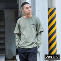 【JEEP】男裝 潮流LOGO印花假兩件長袖T恤(軍綠色)