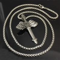 Fashion Jewelry 316L Stainless Steel Necklace Black Sword With Angel Wings Cross Pendant Necklaces
