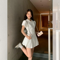 學院風白色連身裙女夏季氣質收腰小個子甜美短裙【木屋雜貨】
