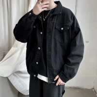 Hitam Denim Jaket Pendek Lelaki Jeans Jaket Kot Kasual Windbreaker Poket Pakaian Pengebom Streetwear Lelaki Pakaian Outwear㏇L0318