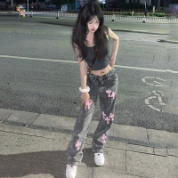 美式hiphop褲子高街ins潮粉色十字架牛仔褲女寬松直筒vibe拖地褲