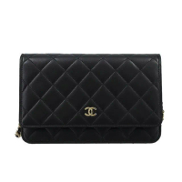 【CHANEL 香奈兒】經典CF 金色雙C LOGO 長方形 黑色 小羊皮 三摺長夾 錢包(AP0250Y01295C3906)