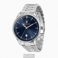 【MASERATI 瑪莎拉蒂】MASERATI手錶型號R8853146002(寶藍色錶面銀錶殼銀色精鋼錶帶款)