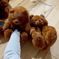 Brown Bear Shoes For Winter House 2024 Winter Cold-resistant Women's Fluffy Slippers Girls Chunky Warm Teddy Bear Slipper
