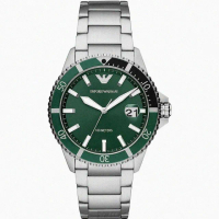 【EMPORIO ARMANI】ARMANI手錶型號AR00011(墨綠色錶面銀綠色錶殼銀色精鋼錶帶款)