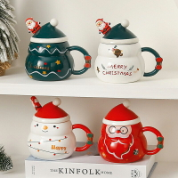 聖誕造型 陶瓷杯 馬克杯 附贈湯勺 杯蓋 大容量 杯子 水杯 咖啡杯 耶誕節 交換禮物【BlueCat】【XM0724】