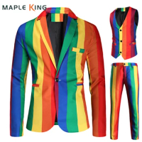 Blazer Set Men Rainbow Striped Print Blazer+Pants+Vest 3 Pieces Prom Suits For Men 2021 Costume Homme Party Blazer Masculino 4XL