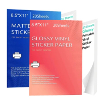 Printable Vinyl Sticker Paper for Inkjet laser Printer Glossy White Matte 20 Self-Adhesive Sheets Waterproof Decal Paper 8.5x11'