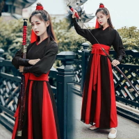 邊城浪子古裝漢服黑紅間色舞蹈裝武俠女中國風演出服裝年會表演服