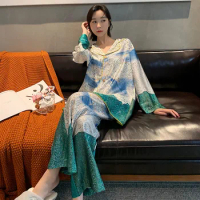 Luxurious Women's Pyjama Set Silk Long Sleeve Spring Autumn Ladies Pajama Sut 2 Pcs with Pants Satin Loose Sleepwear for Female