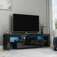 Black High Gloss TV Stand Cabinet with Remote Controlled LED Lights, Media TV Console Table for TVs up to 65" for living room