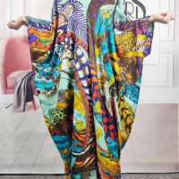 Kuwait Fashion Blogger Recommend Twill Silk Printed V-Neck Straight Kaftan Dress Casual African Bohe Loose Abaya Robe