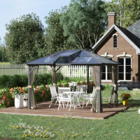 10' x 12' Hardtop Gazebo Canopy with Top Vent and Aluminum Frame, Permanent Pavilion Outdoor Gazebo with Netting