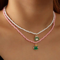 Bohemian Girl's Pink White Millet Beads Cute Frog Pendant Necklace Women's Neck Beaded Chain Ornament Jewelry Accessories Gifts