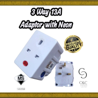 SIRIM 13A 3 WAY ADAPTOR WITH NEON 3 PIN PLUG MULTI ADAPTOR EXTENTION 3 WAY ADAPTOR
