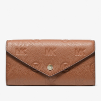 MICHAEL KORS 壓印LOGO掀蓋長夾 發財包 鵝卵石紋真皮 長夾 皮夾 M87002 焦糖色MK(現貨)▶指定Outlet商品5折起☆現貨