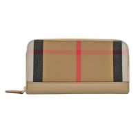 【BURBERRY 巴寶莉】棉布格紋皮革ㄇ字拉鍊長夾皮夾