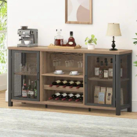 Industrial Coffee Bar Cabinet Farmhouse for Liquor and Glasses, Sideboard Buffet Cabinet with Storage Rack