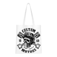 Rockabilly Skull Biker Groceries Shopping Bag Kawaii Print Canvas Shopper Tote Shoulder Bag Large Capacity Washable Handbag
