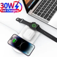30W 3 in 1 Wireless Charger Pad for iPhone 15 14 13 12 11 Pro Max 8 X Apple Watch 8 7 6 AirPods Fast Wireless Charging Station