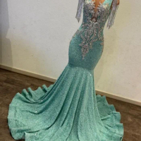 Green Sequins Prom Dresses Sexy Tassel Sleeve Trailing Long Gowns Sparkling Diamante Fishtail Evening Gowns