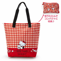 小禮堂 Hello Kitty 折疊環保購物袋 尼龍 保冷袋 野餐袋 手提袋 (紅 格紋)