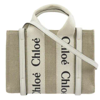 【Chloe’ 蔻依】Woody Mini 經典品牌LOGO織帶個性帆布小手提包兩用包(卡其白)