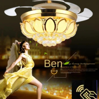 42 inch gold lotus Modern ceiling fan crystal light luxury folding ceiling fan Dining Room Lamp with fan with remote control