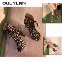 NEW Fashion Summer Women's Boots Lace up High Heel Fish Mouth Cool Dance Shoes Sexy Leopard Thin Heel Pointed Casual Sandals