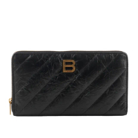 【Balenciaga 巴黎世家】Crush 金字皺褶縫線小牛皮ㄇ型拉鍊長夾(黑色)