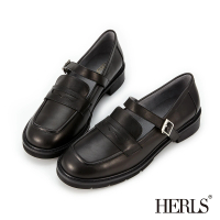 【HERLS】樂福鞋-全真皮橫帶造型便仕厚底樂福鞋(黑色)