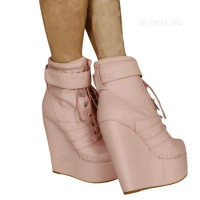 Women's ankle wedge boots, artificial leather, pink high heels, casual shoes, women's large size 45 46 47 48
