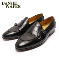 New Fashion Men Leather Shoes Luxury Monk Strap Slip On Black Brown Loafers Men Leather Office Business Wedding Casual Shoes Men