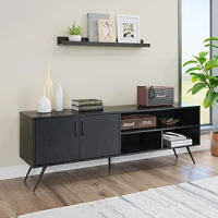 TV Console for Living Room Bedroom Unit Cabinet With 3 Open Cubicles and 2 Doors Black for TVs Up to 70 Inches Stand Table Home