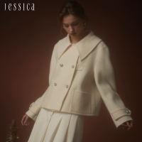 JESSICA - 甜美娃娃領雙排扣短版羊毛外套J35C09（白）