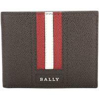 BALLY TEVYE 經典紅白條紋咖啡色六卡對折短夾