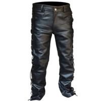 Mens Black Thick Leather Side Laces Up Jeans Style Long Pant Motorcycle Leather Trousers Leather Mot