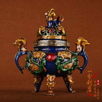 純銅景泰藍熏香爐擺件三足雙龍耳如意獸足烤藍銅爐居家凈化爐擺設