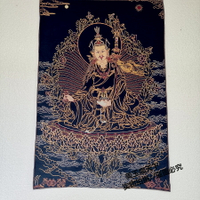 西藏藏傳佛像唐卡織錦蓮花生大師畫像 刺繡黑金蓮花大士掛畫像