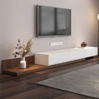 Modern Wood TV Stand, Retractable Media Console for up to 85 Inch TV, 3 Drawers, Walnut, Soild Wood, Full-assemble