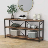 55 Inches Sofa Table with Storage Shelves 3 Tiers Industrial Rustic Console Table with Open Shelves for Living Room Hallway Book