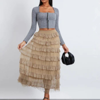 Sweet Puffy Fluffy Layered A-Line Tutu Cake Skirts Women Summer Solid Color Elegant Tulle Long Skirt for Bride