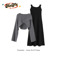 Set 2in1 Emery Kekinian ala Korea - Inner Dress Pendek Hitam dan Atasan Sweater Silang Korea untuk W